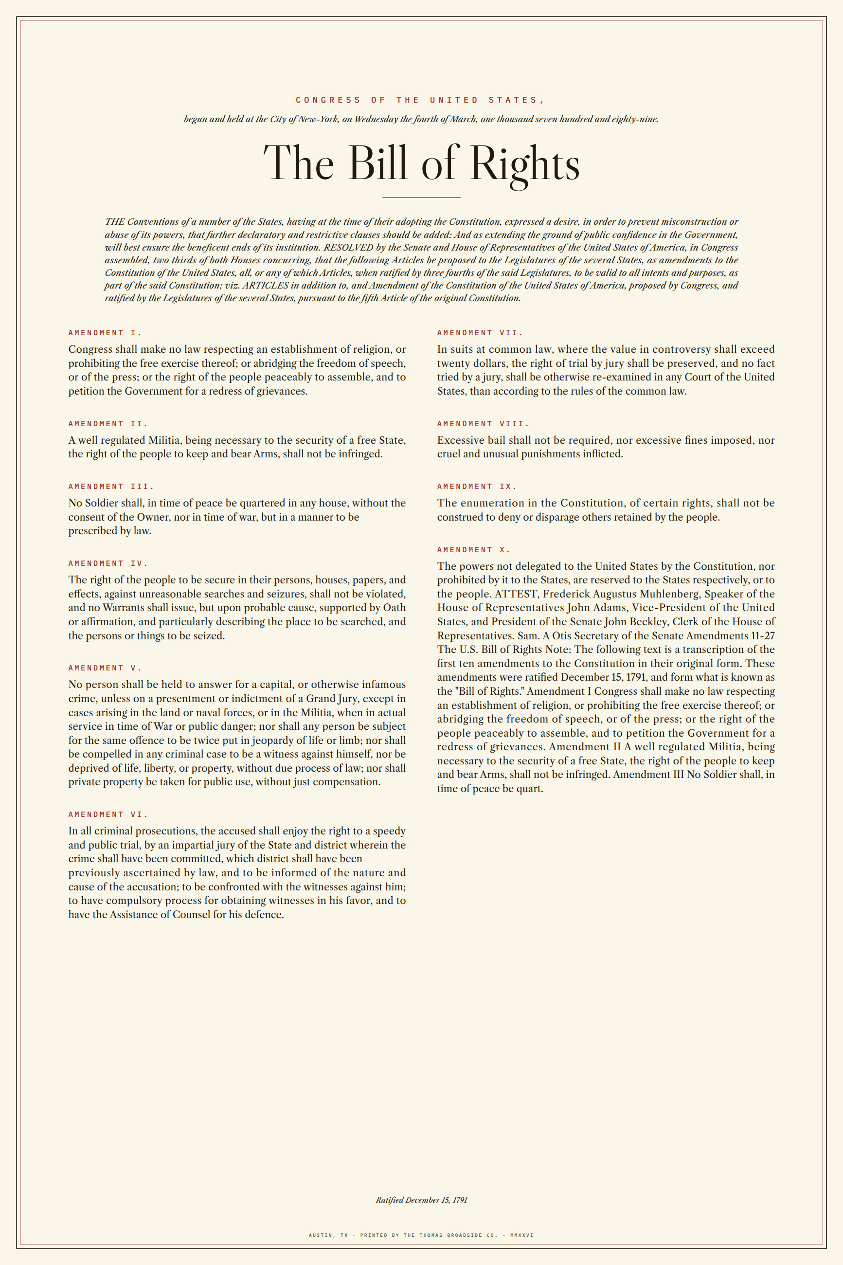 The Bill of Rights, typeset broadside