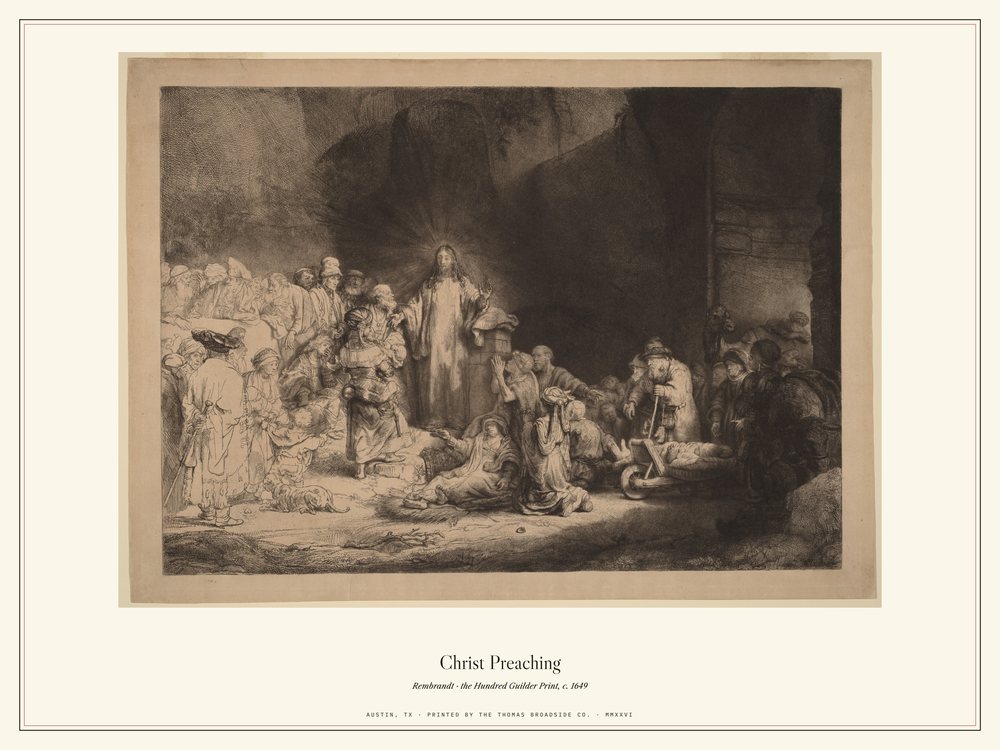 Christ Preaching, the Hundred Guilder Print. Rembrandt etching, c. 1649
