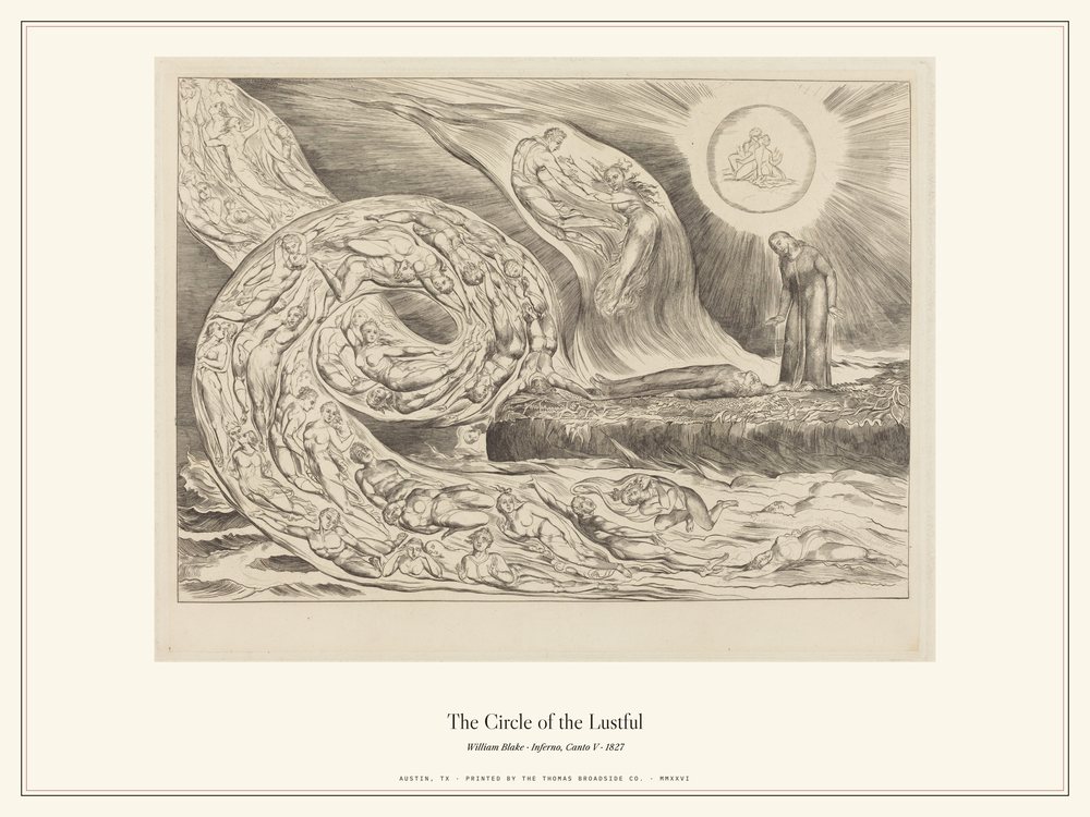 The Circle of the Lustful: Paolo and Francesca. William Blake engraving for Dante's Inferno, 1827