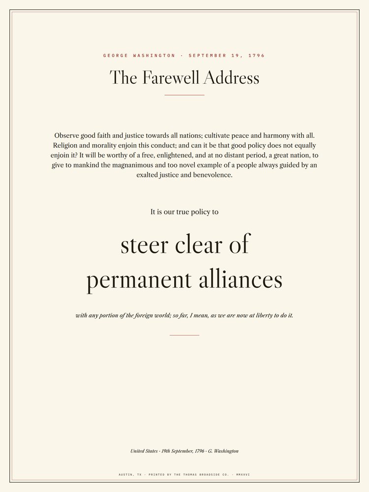 Washington's Farewell Address. The counsels typeset in black and red, 'steer clear of permanent alliances' monumental