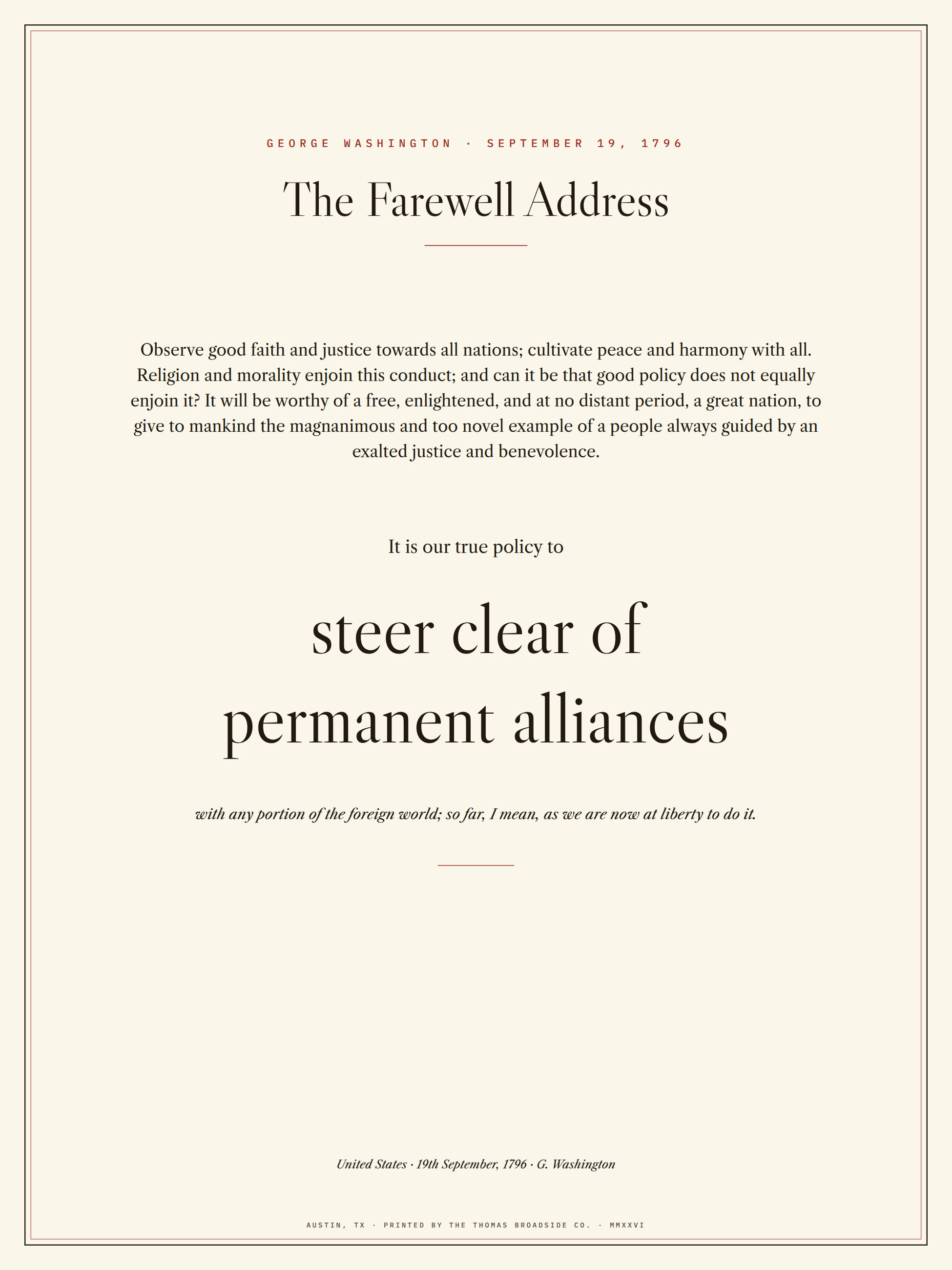 Washington's Farewell Address. The counsels typeset in black and red, 'steer clear of permanent alliances' monumental