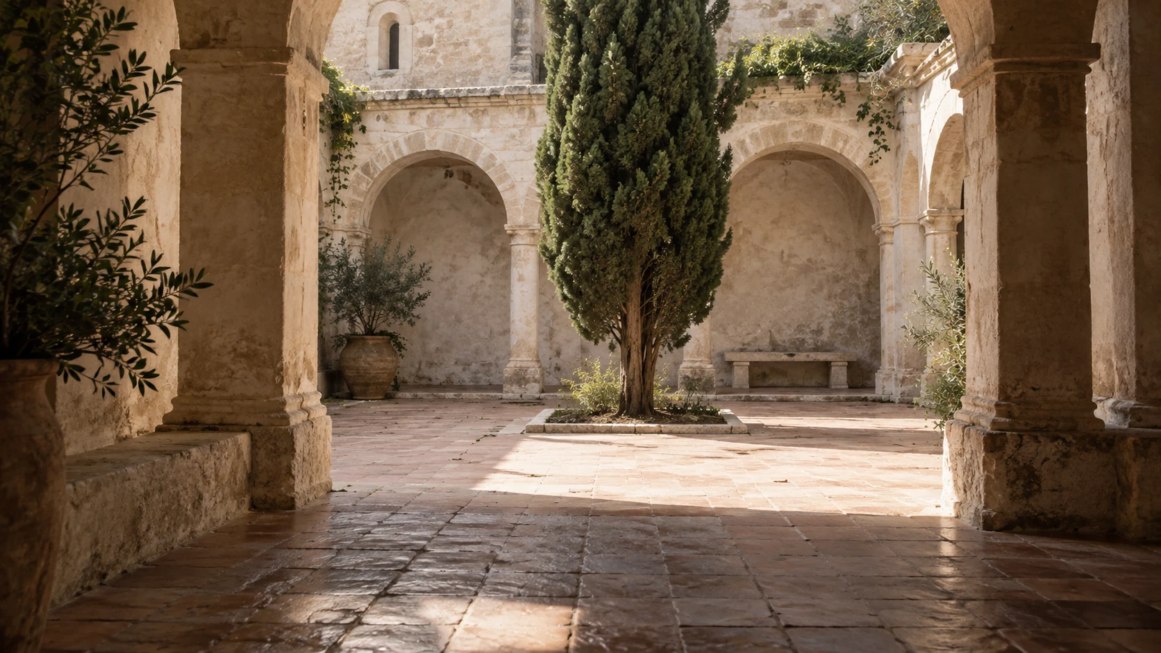 A secluded stone courtyard with a cypress and an empty bench.