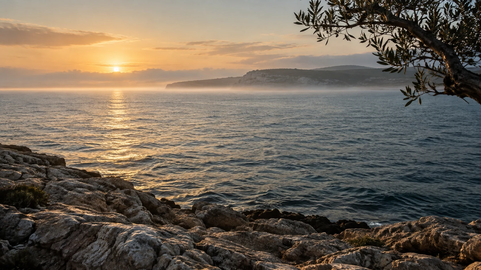 An imagined Mediterranean shore at dawn.