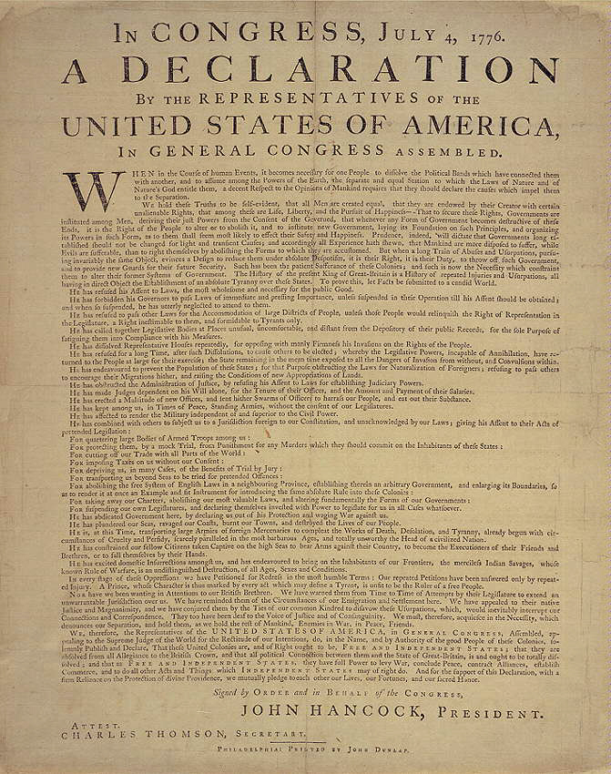 Surviving Dunlap broadside headed In Congress, July 4, 1776, with the Declaration text in one column.