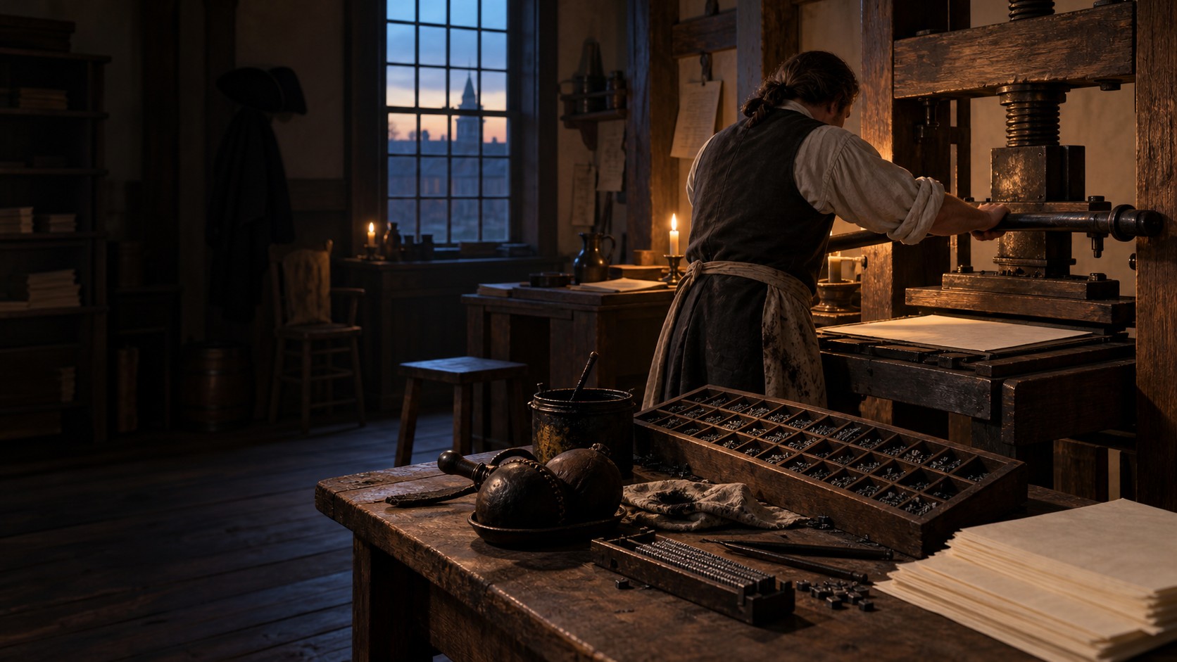 Reconstructed candlelit eighteenth-century shop with a printer at a wooden common press.