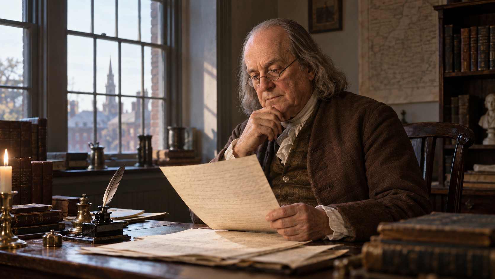 Dramatic reconstruction of Benjamin Franklin studying a manuscript by a Philadelphia window.